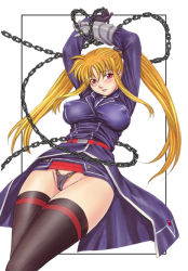 Rule 34 | 00s, blonde hair, blush, breasts, cameltoe, chain, cleft of venus, covered erect nipples, fate testarossa, large breasts, long hair, lyrical nanoha, mahou shoujo lyrical nanoha, nipples, nishitsuki, nishitsuki tsutomu, panties, puffy nipples, red eyes, solo, thighhighs, twintails, underwear