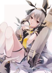 Rule 34 | 1girl, :o, arknights, bare legs, bare shoulders, black footwear, black gloves, boots, cannon, commentary request, detached sleeves, gloves, grey jacket, hair ornament, head tilt, highres, jacket, long hair, long sleeves, looking at viewer, low-tied long hair, open mouth, red eyes, saiko (saisaka), sidelocks, silver hair, single glove, solo, standing, tail, thigh strap, thighs, two-tone background, very long hair, weapon, weedy (arknights), white background