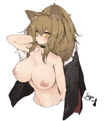 Rule 34 | 1girl, arknights, black choker, black jacket, blush, breasts, brown hair, character name, choker, closed mouth, commentary, fur-trimmed jacket, fur trim, hair between eyes, hand in own hair, highres, holding, holding clothes, holding jacket, jacket, unworn jacket, large breasts, long hair, looking at viewer, mikozin, nipples, ponytail, siege (arknights), simple background, sleeveless, solo, studded choker, sweat, sweatdrop, topless, upper body, white background, yellow eyes