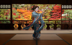 Rule 34 | 1girl, absurdres, autumn, blue kimono, brown eyes, dancing, eyeliner, facepaint, floral print, flower, from side, geisha, hair bun, hair flower, hair ornament, hair pulled back, hand fan, hands up, highres, holding, holding fan, hotechige, huge filesize, indoors, japanese clothes, kimono, lips, makeup, obi, original, paper fan, parted lips, photo background, red lips, sash, short hair, single hair bun, solo, standing, tabi, tatami, tree, wide sleeves, wooden floor