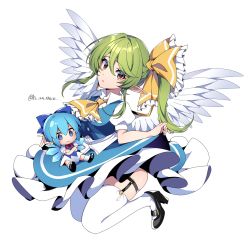 Rule 34 | 1girl, angel wings, ascot, bad id, bad twitter id, black footwear, blue bow, blue dress, blue eyes, blue hair, bow, brown eyes, cirno, crossed arms, daiyousei, doll, dress, full body, garter straps, green hair, hair bow, hat, hat bow, high heels, highres, holding, holding clothes, holding dress, ice, ice wings, kamenozoki momomo, long hair, looking at viewer, pinafore dress, pointy ears, puffy short sleeves, puffy sleeves, red ascot, shirt, short sleeves, side ponytail, simple background, sleeveless dress, solo, thighhighs, touhou, twitter username, white background, white shirt, white thighhighs, white wings, wings, yellow ascot, yellow bow