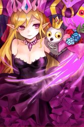 Rule 34 | 1girl, bare shoulders, bird, blonde hair, choker, clenched teeth, crown, dress, elbow gloves, flower, frills, gloves, gmanee, highres, horns, jewelry, lilith (p&amp;d), long hair, owl, pointy ears, purple dress, purple eyes, puzzle &amp; dragons, smile, solo, strapless, strapless dress, teeth