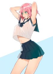 Rule 34 | 1girl, armpit peek, arms up, black skirt, blue background, breasts, contrapposto, cowboy shot, crop top, crop top overhang, green eyes, hair between eyes, large breasts, looking to the side, navel, original, parted lips, pink hair, pleated skirt, school uniform, serafuku, skirt, solo, standing, thighs, tibino, two-tone background, white background