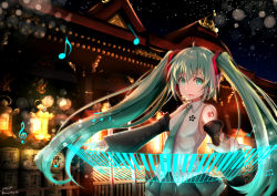 Rule 34 | 1girl, artist name, baileys (tranquillity650), collared shirt, commentary request, detached sleeves, eighth note, floating hair, green eyes, green hair, green necktie, green skirt, hair between eyes, hair ornament, half note, hatsune miku, headphones, highres, instrument, keyboard (instrument), lantern, light particles, long hair, looking at viewer, musical note, necktie, night, night sky, outdoors, outstretched arms, quarter note, shirt, shrine, signature, skirt, sky, sleeveless, sleeveless shirt, solo, twintails, very long hair, vocaloid, white shirt
