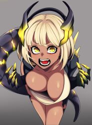 Rule 34 | 1girl, absurdres, bent over, black horns, blonde hair, blunt bangs, breasts, claws, cleavage, cowboy shot, dark-skinned female, dark skin, dragon girl, dragon horns, female focus, from above, glowing tail, grey background, highres, horns, hz (666v), large breasts, legs together, looking at viewer, multicolored horns, no bra, nose, open clothes, open mouth, open shirt, original, sharp teeth, short hair, solo, spikes, tail, tareme, teeth, thighs, tongue, two-tone horns, yellow eyes, yellow horns