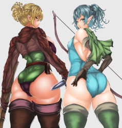Rule 34 | 2girls, arrow (projectile), ass, bare shoulders, blonde hair, blue eyes, blue hair, blush, boots, bow (weapon), breasts, capelet, dagger, elbow gloves, elf, from behind, gloves, highres, huge ass, jacket, knife, large breasts, leotard, long hair, looking at viewer, looking back, lorica (green tea), matching hair/eyes, multiple girls, open mouth, original, panties, parted lips, pointy ears, ponytail, shiny clothes, shiny skin, sideboob, small breasts, smile, thigh boots, thighhighs, underwear, weapon, yellow eyes