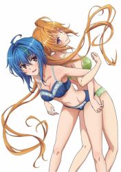 Rule 34 | 2girls, ahoge, ass-to-ass, back-to-back, blue bra, blue hair, blue panties, blush, bra, breasts, brown eyes, cleavage, exercising, female focus, frilled bra, frilled panties, frills, green bra, green hair, green panties, high school dxd, leaning forward, locked arms, long hair, looking at viewer, looking back, medium breasts, multicolored hair, multiple girls, navel, nipples, open mouth, orange hair, panties, purple eyes, shidou irina, short hair, simple background, smile, standing, streaked hair, stretching, twintails, two-tone hair, underwear, underwear only, white background, xenovia quarta, yuri