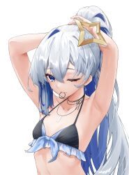 Rule 34 | 1girl, absurdres, amane kanata, armpits, bikini, blue hair, breasts, collarbone, colored inner hair, grey hair, hair between eyes, hair tie, hair tie in mouth, halo, highres, hololive, jewelry, long hair, mouth hold, multicolored hair, necklace, one eye closed, ponytail, purple eyes, shhhh7, simple background, small breasts, solo, star halo, swimsuit, tying hair, upper body, very long hair, virtual youtuber, white background