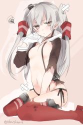 Rule 34 | 10s, 1girl, amatsukaze (kancolle), bandaid, black panties, breasts, brown eyes, dress, garter straps, gloves, hair tubes, kantai collection, long hair, looking at viewer, panties, sailor dress, school uniform, serafuku, silver hair, sino (sionori), sitting, small breasts, solo, striped clothes, striped thighhighs, tears, thighhighs, torn clothes, torn dress, twintails, two side up, underwear, wariza, white gloves