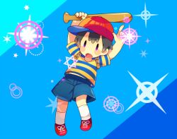 Rule 34 | 0mzum1, 1boy, aqua background, arms up, backpack, bag, baseball bat, baseball cap, black hair, blue background, blue shirt, blue shorts, blush, commentary request, glint, hair between eyes, hat, hexagram, holding, holding baseball bat, looking at viewer, male focus, mother (game), mother 2, multicolored background, ness (mother 2), nintendo, open mouth, purple eyes, red footwear, red hat, shirt, shoes, short hair, short sleeves, shorts, sideways hat, simple background, socks, solo, star (symbol), striped clothes, striped shirt, t-shirt, two-tone shirt, white socks, yellow shirt