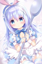 Rule 34 | 1girl, :o, amedamacon, animal ears, apron, blue bow, blue dress, blue eyes, blue hair, blush, bow, breasts, cleavage, commentary request, dress, fake animal ears, frilled apron, frills, gochuumon wa usagi desu ka?, hair between eyes, hair ornament, hairband, hand up, highres, holding, holding spoon, kafuu chino, long hair, maid apron, medium breasts, oversized object, parted lips, puffy short sleeves, puffy sleeves, rabbit ears, short sleeves, solo, spoon, striped bow, striped clothes, striped thighhighs, thighhighs, very long hair, white apron, white hairband, wrist cuffs, x hair ornament