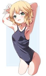 Rule 34 | 1girl, armpits, arms up, bare shoulders, blonde hair, blue background, blue one-piece swimsuit, blush, border, collarbone, commentary, cowboy shot, cropped legs, dot nose, flat chest, green eyes, highres, holding own arm, idolmaster, idolmaster cinderella girls, idolmaster cinderella girls starlight stage, looking at viewer, one-piece swimsuit, open mouth, outside border, sakurai momoka, short hair, simple background, smile, solo, standing, swimsuit, wavy hair, white border, yairo ju