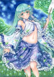 Rule 34 | 1girl, blue background, blue skirt, blush, breasts, closed mouth, detached sleeves, feet out of frame, frilled skirt, frills, frog hair ornament, gohei, grass, green background, green eyes, green hair, hair ornament, head tilt, holding, holding gohei, kochiya sanae, light smile, looking at viewer, marker (medium), medium breasts, mikeko (user zntg7852), navel, open clothes, open shirt, outdoors, shirt, skirt, sleeve ribbon, snake hair ornament, solo, touhou, traditional media, white shirt, wide sleeves