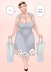 Rule 34 | 1girl, bag, blonde hair, breasts, cleavage, commentary, earrings, english commentary, english text, full body, game console, half-closed eyes, holding, holding bag, holding sack, huge breasts, jewelry, jnsdh, looking at viewer, mature female, mole, mole under eye, necklace, original, playstation 5, plump, red footwear, sack, short hair, simple background, smile, solo, speech bubble, walking