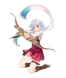 Rule 34 | 1girl, arrow (projectile), belt, blue eyes, blue hair, boots, bow (weapon), drawing bow, full body, holding bow (weapon), miniskirt, multicolored hair, official art, omega labyrinth, omega labyrinth z, scarf, school uniform, short hair, simple background, sitting, skirt, solo, souja saeri, tousaki umiko, two-tone hair, weapon, white background, white hair