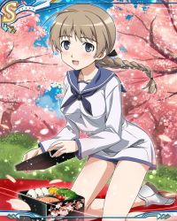 Rule 34 | 1girl, ahoge, artist request, braid, branch, breasts, brown hair, day, lynette bishop, miyafuji yoshika, official art, open mouth, outdoors, sailor collar, solo, strike witches, white footwear, world witches series