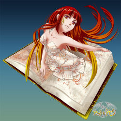 Rule 34 | 1girl, book, cthulhu mythos, long hair, musora, necronomicon, original, personification, red eyes, red hair, tattoo