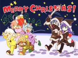 Rule 34 | blue hair, christmas, fayt leingod, fishnets, gloves, green eyes, hat, itsuki (s2 129), leon geeste, long hair, maria traydor, mask, mouth mask, multiple boys, multiple girls, open mouth, pajamas, roger s huxley, smile, star ocean, star ocean anamnesis, star ocean till the end of time, winter clothes, aged down