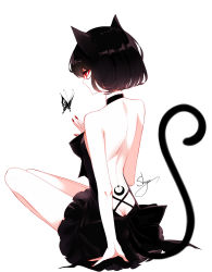 Rule 34 | 1girl, absurdres, animal ear fluff, animal ears, arm support, artist name, back tattoo, backless dress, backless outfit, bad id, bad pixiv id, bare arms, bare back, bare shoulders, black choker, black dress, black hair, bug, butt crack, butterfly, cat ears, cat tail, chinese commentary, choker, commentary request, crescent tattoo, dress, eyelashes, from behind, hand up, highres, bug, nail polish, original, red eyes, red nails, sheya, short hair, signature, simple background, sitting, solo, strapless, strapless dress, tail, tattoo, thighs, white background