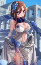 Rule 34 | 1girl, absurdres, bare arms, bare back, bare shoulders, belly, blue eyes, blue flower, blue ribbon, blush, breasts, bridal gauntlets, brown hair, church, dress, flower, flower on head, go-toubun no hanayome, hair between eyes, hair ornament, happy, headphones, highres, hiyoku, large breasts, long hair, nakano miku, navel, pantyhose, ribbon, smile, thighband pantyhose, thighhighs, thighs, wedding dress, white dress, white thighhighs