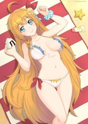Rule 34 | 1girl, absurdres, ahoge, bikini, blanket, blonde hair, blue eyes, braid, breasts, breasts apart, cameltoe, cleft of venus, collarbone, commentary, flower, food, from above, front-tie bikini top, front-tie top, gluteal fold, hair flower, hair ornament, highres, holding, holding food, huyase, large breasts, long hair, looking at viewer, lying, mixed-language commentary, navel, on back, onigiri, patreon username, pecorine (princess connect!), pecorine (summer) (princess connect!), princess connect!, side braid, smile, solo, starfish, stomach, swimsuit, thigh gap, untied bikini, very long hair
