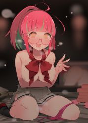 Rule 34 | 1girl, @ @, ahoge, areola slip, arm under breasts, black socks, blush, bow, bowtie, breasts, commentary request, glasses, green hair, kantai collection, kneehighs, looking at viewer, medium breasts, multicolored hair, nose blush, orange eyes, panties, panties around leg, pink-framed eyewear, pink hair, pink panties, pleated skirt, ponytail, red bow, red bowtie, shin (new), silver skirt, sitting, skirt, socks, solo, sweat, topless, ume (kancolle), underwear, waving