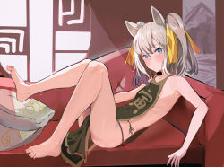 Rule 34 | 1girl, animal ears, barefoot, blue eyes, blush, cat ears, cat girl, chinese clothes, closed mouth, couch, full body, grey hair, grey panties, hair ribbon, highres, indoors, looking at viewer, lying, medium hair, no bra, on back, original, panties, pillow, ribbon, sleeveless, solo, solokitsune, toes, twintails, underwear, window