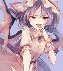 Rule 34 | 1girl, :d, ascot, bat wings, blush, brooch, hat, hat ribbon, hisona (suaritesumi), jewelry, light purple hair, looking at viewer, mob cap, open mouth, red eyes, remilia scarlet, ribbon, short hair, smile, solo, touhou, wings