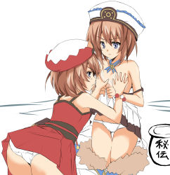 Rule 34 | 10s, 2girls, annoyed, ass, bad id, bad pixiv id, bare shoulders, bed, blanc (neptunia), blue eyes, blush, breast envy, grabbing another&#039;s breast, brown hair, clothes lift, clothes pull, collarbone, dress, dress lift, dress pull, dual persona, from behind, fujishima tsubasa, fur trim, grabbing, groping, hat, highres, kami jigen game neptune v, kneeling, multiple girls, neptune (series), open mouth, panties, pantyshot, red dress, red skirt, shiny skin, short hair, simple background, skirt, strap slip, time paradox, underwear, white dress, white panties, yuri