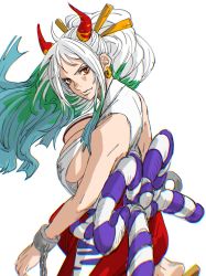 Rule 34 | 1girl, bare arms, bare shoulders, blue hair, breasts, chain, closed mouth, cuffs, curled horns, earrings, floating hair, from side, green hair, hair ornament, hair stick, hakama, high ponytail, highres, horns, japanese clothes, jewelry, kimono, large breasts, light smile, lips, long hair, looking at viewer, mattsun (lyohei), multicolored hair, multicolored horns, one piece, oni, orange eyes, orange horns, red horns, rope, shackles, shimenawa, sideboob, sleeveless, sleeveless kimono, solo, very long hair, white hair, yamato (one piece)