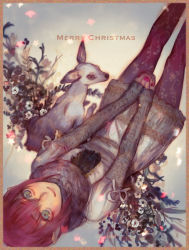 Rule 34 | 1boy, 1girl, aqua eyes, deer, dress, flower, from above, own hands clasped, licorice (pixiv fantasia), merry christmas, nail polish, nishihara isao, own hands together, pantyhose, pixiv fantasia, pixiv fantasia sword regalia, pointy ears, red hair, red nails, scarf, serini (pixiv fantasia), short hair