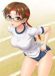Rule 34 | 1girl, adjusting clothes, braid, breasts, brown eyes, brown hair, glasses, gym uniform, hida tatsuo, hoshina tomoko, large breasts, leaning forward, long hair, looking at viewer, open mouth, outdoors, ponytail, solo, standing, thighhighs, to heart, to heart (series)