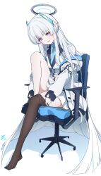 Rule 34 | 1girl, absurdres, blue archive, blue necktie, chair, clothes pull, collared shirt, formal, full body, grey hair, hair spread out, halo, headphones, highres, jacket, leg up, long hair, makicha (sasurainopink), mechanical halo, miniskirt, necktie, noa (blue archive), off shoulder, open clothes, open jacket, pantyhose, pantyhose pull, pulling own clothes, purple eyes, shirt, sidelocks, simple background, sitting, skirt, solo, suit, two-sided fabric, two-sided jacket, very long hair, white background, white shirt