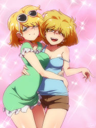 Rule 34 | 2girls, alternate hairstyle, arm around waist, artist name, bad deviantart id, bad id, blonde hair, blue eyes, blush, breasts, brown shorts, camisole, cargo shorts, cleavage, cosplay, costume switch, diffraction spikes, dress, earrings, eyelashes, eyeshadow, eyewear on head, facing viewer, frill trim, green dress, half-closed eyes, highres, hoop earrings, jcm2, jewelry, leni loud, leni loud (cosplay), looking at viewer, lori loud, lori loud (cosplay), makeup, medium breasts, medium hair, multiple girls, open mouth, pink background, short dress, short shorts, short sleeves, shorts, siblings, signature, sisters, smile, sparkle, strap slip, sunglasses, sunglasses on head, tank top, the loud house