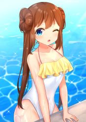 Rule 34 | 1girl, ;o, alternate costume, arm support, banned artist, blue eyes, blush, breasts, brown hair, cleavage, collarbone, commentary request, covered navel, creatures (company), double bun, game freak, hair bun, highres, long hair, looking at viewer, nintendo, one-piece swimsuit, one eye closed, pokemon, pokemon bw2, pool, rosa (pokemon), shiny skin, solo, sparkle, swimsuit, takahara, twintails, water, wet, white one-piece swimsuit