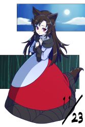 Rule 34 | 1girl, animal ears, bamboo, closed mouth, cloud, dated, dress, full body, holding own wrist, imaizumi kagerou, itani illust, long sleeves, looking at viewer, red dress, red eyes, sky, solo, standing, sun, tail, touhou, two-tone dress, white background, white dress, wolf ears, wolf girl, wolf tail