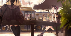 Rule 34 | 3girls, 4boys, ahoge, ankle boots, ankle socks, arm support, backpack, bag, black hair, blurry, blurry foreground, boots, bow, bracelet, brown eyes, bus, bus stop, cabbie hat, city, commentary, depth of field, frilled shirt, frills, from behind, goggles, goggles around neck, goggles on head, green eyes, green hair, hair bow, hair ornament, hairclip, hat, highres, house, jewelry, kneehighs, knees together feet apart, long hair, looking at another, looking back, mole, mole under eye, motor vehicle, multiple boys, multiple girls, neck ribbon, on railing, original, outdoors, pink hair, plant, pleated skirt, pointing, potted plant, puffy sleeves, railing, ribbon, scenery, school uniform, shirt, short hair, sign, sitting, skirt, sky, smile, smoke, smokestack, socks, somehira katsu, steampunk, twintails, uniform, vest, waving