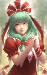 Rule 34 | 1girl, arm ribbon, bow, commentary, dress, english commentary, forest, frilled bow, frilled ribbon, frilled sleeves, frills, green eyes, green hair, hair bow, hair ribbon, highres, kagiyama hina, long hair, looking at viewer, nature, outdoors, own hands clasped, own hands together, parted lips, puffy short sleeves, puffy sleeves, red bow, red dress, red ribbon, ribbon, short sleeves, smile, solo, touhou, tree, twitter username, upper body, winterleigh