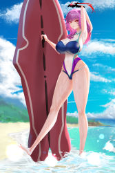 Rule 34 | 1girl, absurdres, alternate costume, arm up, azibuda, azur lane, barefoot, beach, blue sky, breasts, cloud, covered navel, duca degli abruzzi (azur lane), halo, hand in own hair, highres, huge breasts, impossible clothes, impossible swimsuit, long hair, looking at viewer, nail polish, purple hair, red eyes, red nails, sideboob, skin tight, sky, solo, standing, surfboard, swimsuit, thighs, water, wet, wet clothes