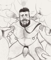 Rule 34 | 6+boys, absurdres, axel (axelwarriorvs), bara, beard, belly, bukkake, chest hair, cum, cum in mouth, facial, facial hair, feet out of frame, from above, full beard, greyscale, group sex, hairy, half-erect, highres, holding, holding leash, large pectorals, leash, male focus, mature male, monochrome, monster boy, multiple boys, muscular, muscular male, navel hair, nipple piercing, nipple rings, nipples, nose piercing, nose ring, one eye closed, orc, original, pectorals, penis rest, piercing, pointy ears, sideburns, solo focus, sparse leg hair, sparse navel hair, stomach, thank you, thick beard, thick eyebrows, tusks, uncensored, yaoi