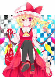 Rule 34 | 1girl, black thighhighs, blonde hair, blood, embodiment of scarlet devil, eyepatch, female focus, flandre scarlet, hat, highres, mary janes, panties, red eyes, shino (mijinko), shoes, smile, solo, striped clothes, striped panties, stuffed animal, stuffed toy, thighhighs, touhou, underwear, wrist cuffs