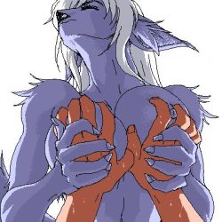 Rule 34 | grabbing another&#039;s breast, breasts, co.bayashi (artist), furry, grabbing, interspecies, lowres, oekaki, white hair