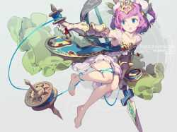 Rule 34 | 1girl, bare legs, bare shoulders, barefoot, blue eyes, dress, gauntlets, gloves, hair ornament, highres, holding, holding weapon, lance, open mouth, polearm, purple hair, puzzle &amp; dragons, short hair, short twintails, skuld (p&amp;d), solo, spear, tennohi, twintails, vambraces, weapon