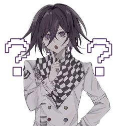 Rule 34 | 1boy, :o, ?, ??, black hair, buttons, checkered clothes, checkered scarf, danganronpa (series), danganronpa v3: killing harmony, double-breasted, grey jacket, hair between eyes, highres, hlt in, index finger raised, jacket, long sleeves, medium hair, oma kokichi, scarf, simple background, solo, upper body