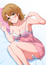 Rule 34 | 1girl, armpits, blush, bra, breasts, brown hair, cleavage, closed mouth, collarbone, commentary request, highres, isshiki iroha, konoyan, looking at viewer, lying, medium breasts, medium hair, nightgown, on side, panties, pillow, pink nightgown, see-through, smile, solo, underwear, white bra, white panties, yahari ore no seishun lovecome wa machigatteiru., yellow eyes