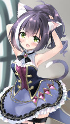 Rule 34 | 1girl, adjusting hair, alternate hairstyle, animal ear fluff, animal ears, armpits, arms behind head, arms up, bare shoulders, black hair, blurry, blurry background, blush, breasts, cat ears, cat girl, cat tail, commentary request, depth of field, fang, frilled skirt, frills, green eyes, hair between eyes, highres, hizuki yayoi, indoors, karyl (princess connect!), looking at viewer, medium breasts, multicolored hair, open mouth, ponytail, princess connect!, purple hair, purple skirt, shirt, skirt, sleeveless, sleeveless shirt, solo, standing, streaked hair, tail, tail raised, white hair, white shirt, window