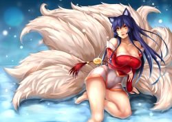 Rule 34 | 1girl, absurdres, ahri (league of legends), animal ears, arm support, bare shoulders, blue hair, breast hold, breasts, collarbone, facial mark, female focus, fox ears, fox tail, highres, korean clothes, large breasts, league of legends, long hair, looking up, multiple tails, off shoulder, open mouth, sitting, slit pupils, snow, solo, tail, whisker markings, yashichii, yellow eyes, yokozuwari
