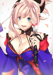 Rule 34 | 1girl, :d, blue eyes, blue kimono, breasts, choker, cleavage, collarbone, fate/grand order, fate (series), hair ornament, holding, holding sword, holding weapon, japanese clothes, katana, kimono, large breasts, long hair, magatama, miyamoto musashi (fate), miyamoto musashi (third ascension) (fate), office lady, open mouth, petals, romuni, silver hair, smile, sword, upper body, weapon, white background