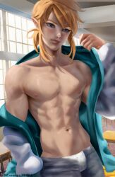 Rule 34 | 1boy, abs, absurdres, blonde hair, blue eyes, elf, highres, jacket, koen801, link, male focus, muscular, muscular male, navel, nintendo, nipples, open clothes, open jacket, pectorals, pointy ears, solo, the legend of zelda, topless male, undressing, window