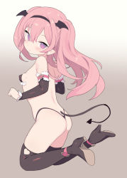 Rule 34 | 1girl, ass, bare shoulders, bikini, bikini day, black bikini, black footwear, black sleeves, blade (galaxist), blush, boots, breasts, brown background, closed mouth, commentary request, copyright request, demon girl, demon tail, demon wings, detached sleeves, full body, gradient background, head wings, high heel boots, high heels, highres, long sleeves, looking at viewer, looking back, microskirt, pink hair, pointy ears, purple eyes, shoe soles, skirt, sleeves past wrists, small breasts, solo, swimsuit, tail, thigh boots, thighhighs, two side up, white background, white skirt, wings